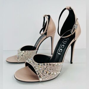 Gucci Crystal Embellished Skin Rose Satin Heel Ankle Strap Bridal Sandals EU 40